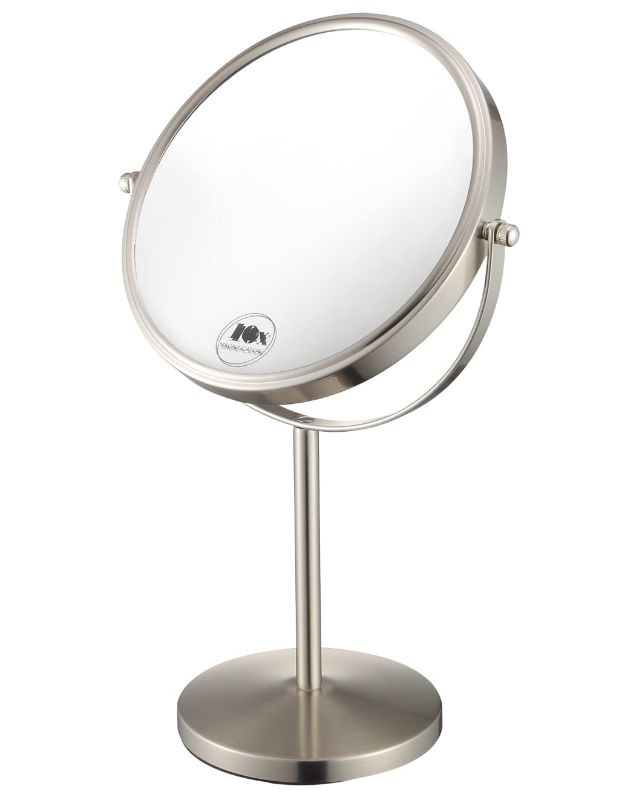 Photo 1 of ALHAKIN Magnifying Makeup Mirror, 8-Inch Double Sided Vanity Tabletop Mirror with 10X Magnification, Nickel Finished