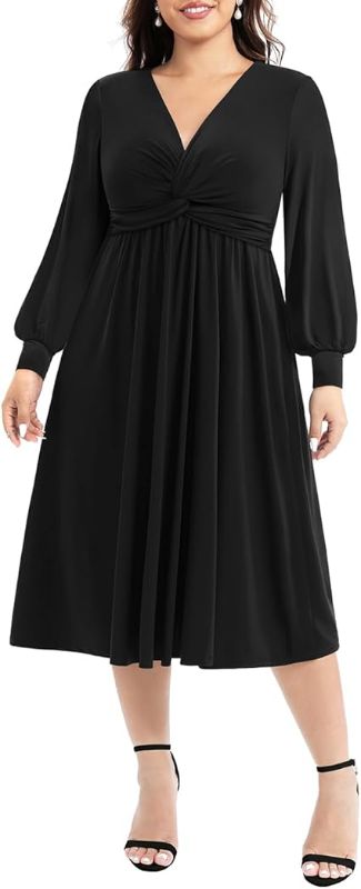 Photo 1 of  (Size 14) Pinup Fashion Women's Twist Knot Front V Neck 3/4 Sleeve A-line Wedding Guest Midi Dress