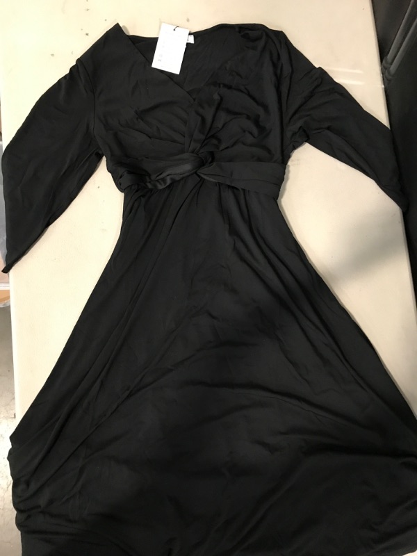 Photo 4 of  (Size 14) Pinup Fashion Women's Twist Knot Front V Neck 3/4 Sleeve A-line Wedding Guest Midi Dress