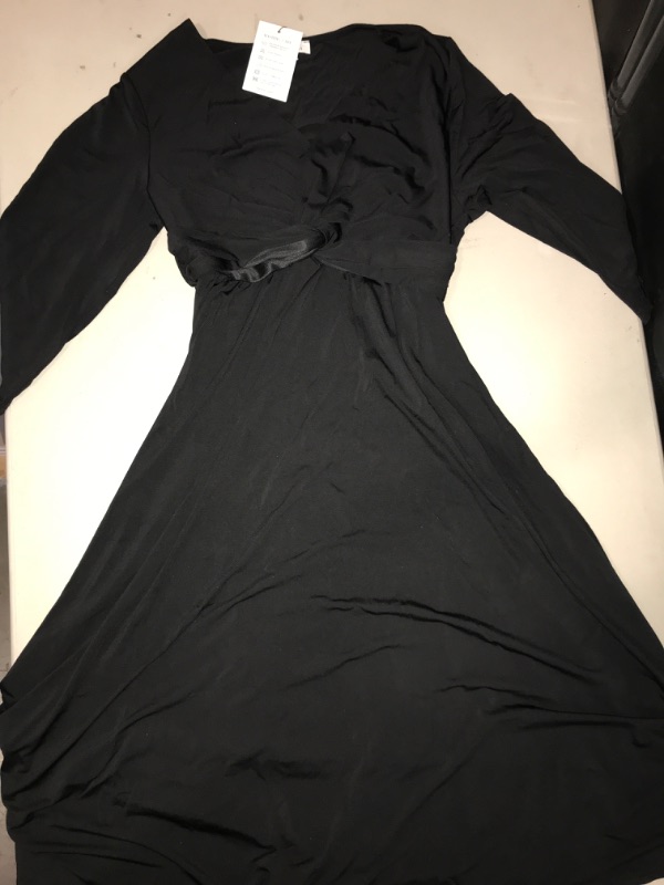 Photo 5 of  (Size 14) Pinup Fashion Women's Twist Knot Front V Neck 3/4 Sleeve A-line Wedding Guest Midi Dress