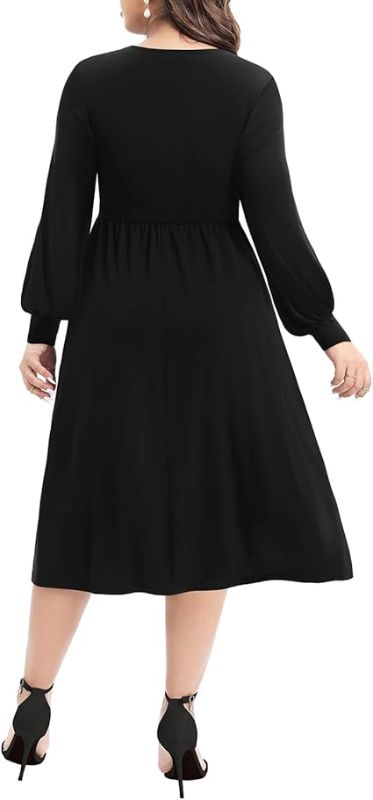 Photo 2 of  (Size 14) Pinup Fashion Women's Twist Knot Front V Neck 3/4 Sleeve A-line Wedding Guest Midi Dress