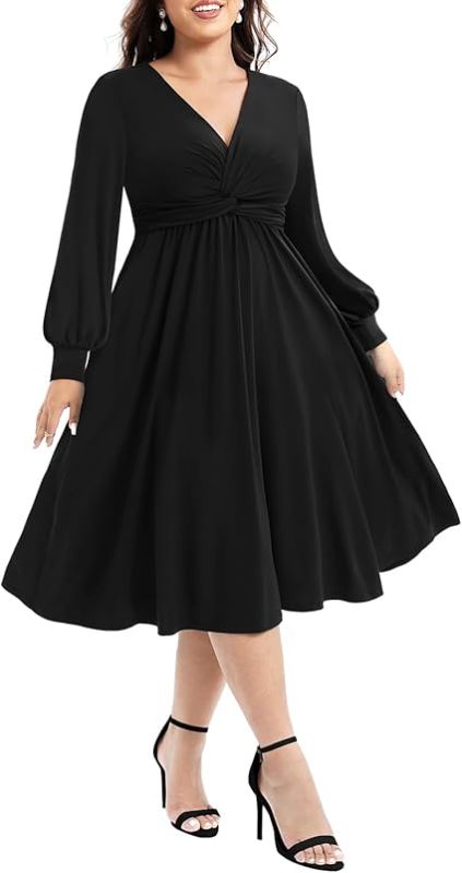 Photo 3 of  (Size 14) Pinup Fashion Women's Twist Knot Front V Neck 3/4 Sleeve A-line Wedding Guest Midi Dress