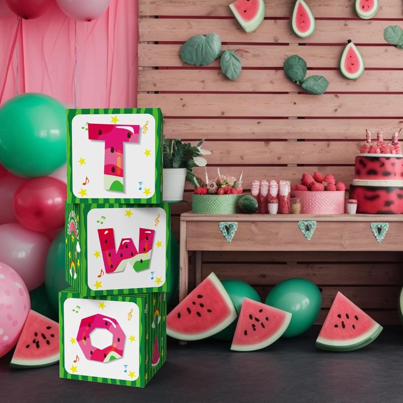 Photo 2 of Cartoon Melon 2nd Birthday Balloon Boxes Party Supplies Decorations, 3pcs Watermelon One In A Melon Theme Party Gift Boxes Blocks Decor with TWO Cake Smash Backdrop