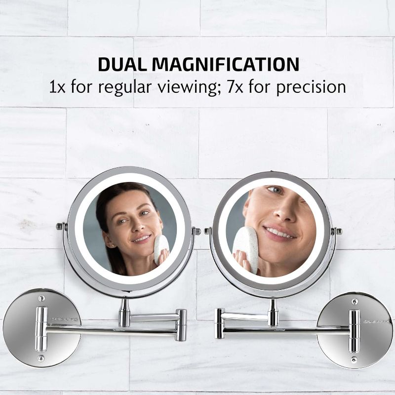 Photo 2 of OVENTE 7" Lighted Wall Mount Makeup Mirror with 1X/7X Magnification, Cordless Double Sided Magnifying Round Vanity Mirror, 360° Swivel Design, Extendable and Folding Arm, Nickel Brushed MFW70BR1X7X