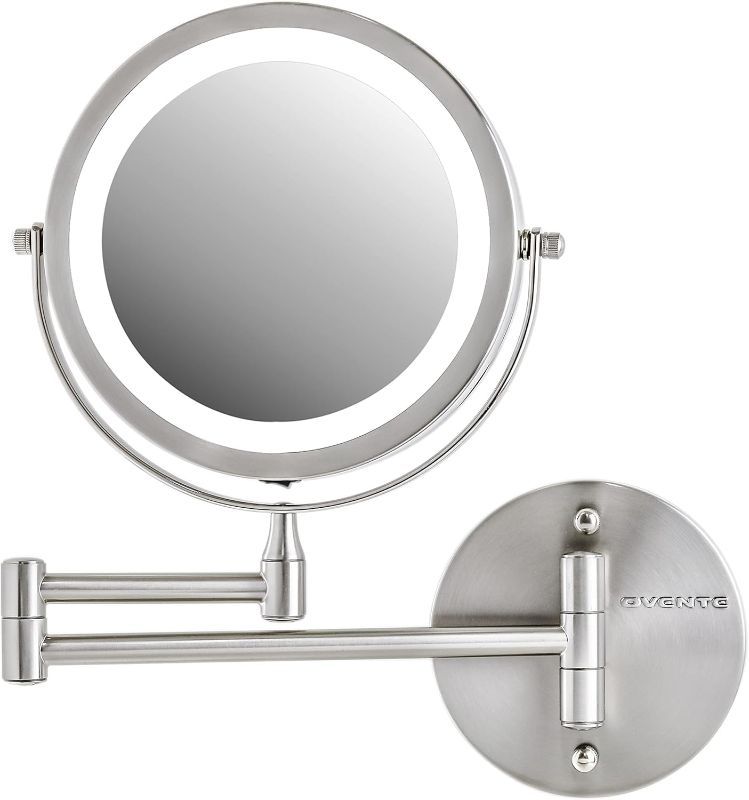 Photo 1 of OVENTE 7" Lighted Wall Mount Makeup Mirror with 1X/7X Magnification, Cordless Double Sided Magnifying Round Vanity Mirror, 360° Swivel Design, Extendable and Folding Arm, Nickel Brushed MFW70BR1X7X