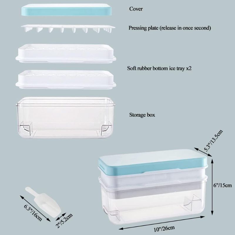 Photo 1 of Ninyoon 1 Second Release Ice Cube Tray with Lid and Bin, 2 Tier ice molds Make 64 Ice Cubes Big Capacity Bin for Freezer Including Ice Scoop (Green)