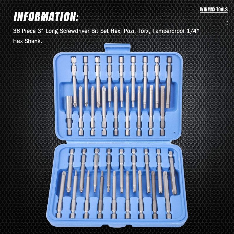 Photo 2 of 36 Piece 3" Long Screwdriver Bit Set Hex, Pozi, Torx, Tamperproof 1/4" Hex Shank