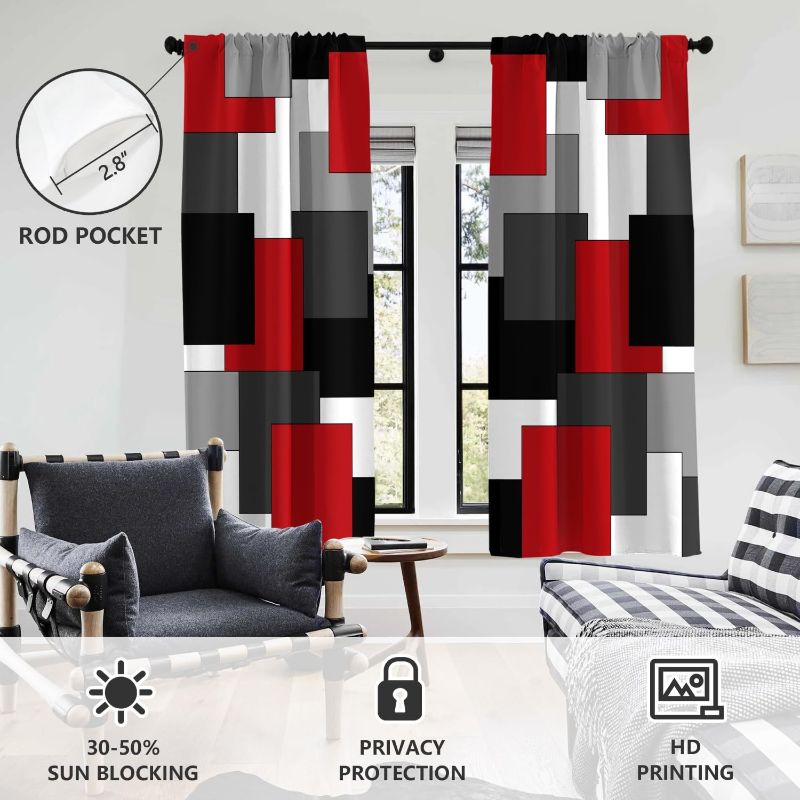 Photo 3 of AAtter Red and Black Window Curtain Grey Gray White Multicolor Geometric Silver Dark Abstract Square Art Living Room Bedroom Window Drapes Treatment Fabric 1 Pair Home Decor, 42" W x 63" L, Modern