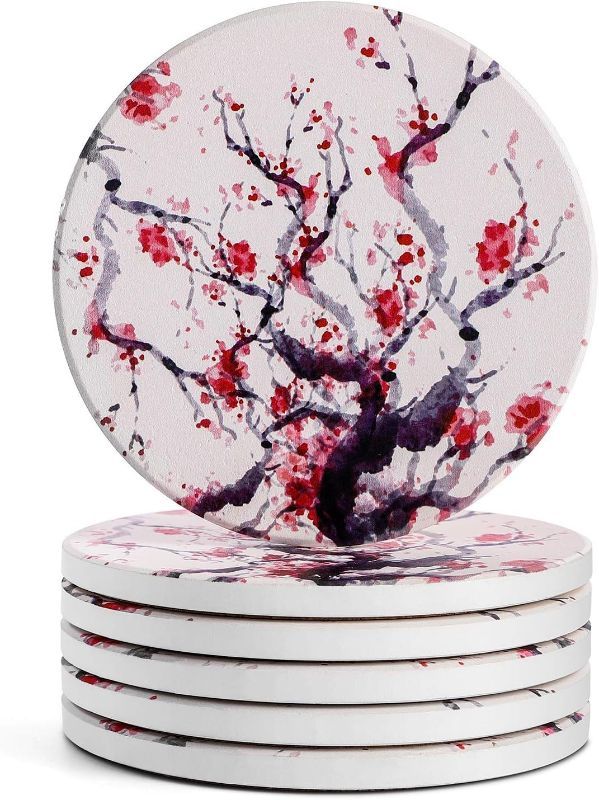 Photo 1 of LIFVER Coasters for Drinks Absorbent, Ceramic Drink Coasters Set of 6, Absorbent Coasters with Cork Bottom for Tabletop Protection, Suitable for Kinds of Cups, 4 inches, Cherry Blossom Style