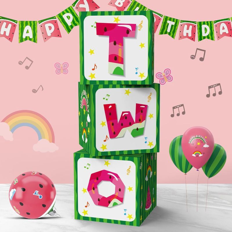 Photo 1 of Cartoon Melon 2nd Birthday Balloon Boxes Party Supplies Decorations, 3pcs Watermelon One In A Melon Theme Party Gift Boxes Blocks Decor with TWO Cake Smash Backdrop