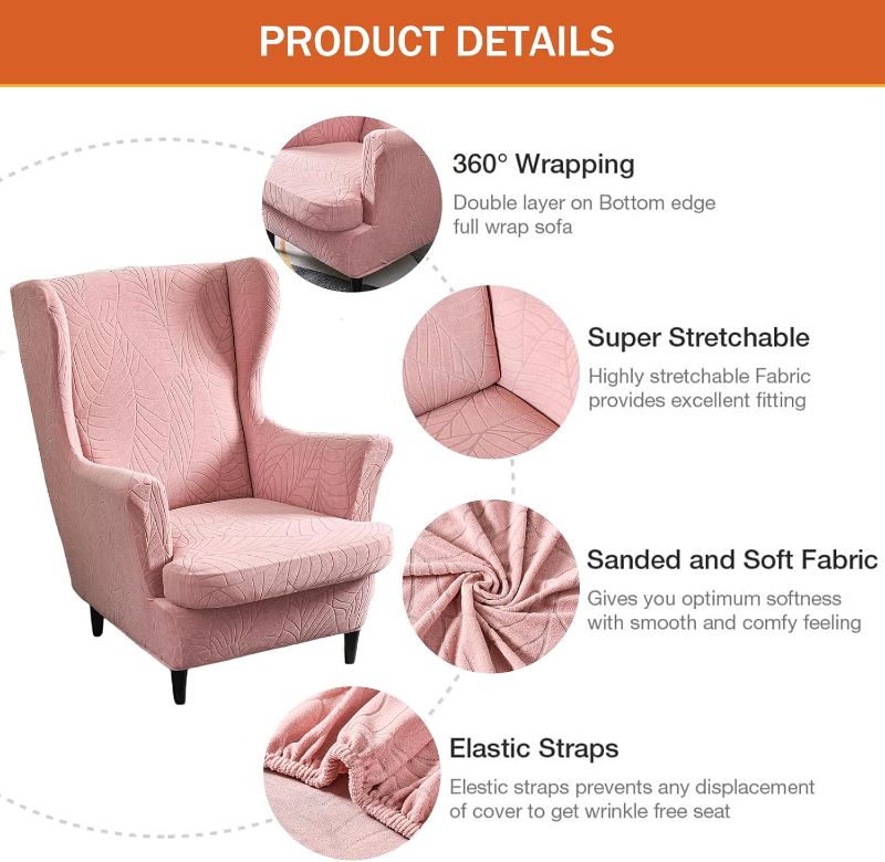 Photo 2 of NILUOH Wingback Chair Slipcover 2-Piece Stretch Wingback Chair Sofa Slipcover Leaf Jacquard Chair Cover Furniture Protector Couch Soft with Elastic Bottom for Living Room, Leaf Pink