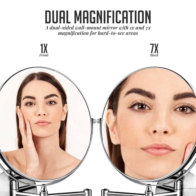 Photo 2 of OVENTE 9" Wall Mounted Makeup Mirror with 1X/7X Magnification, Double Sided Magnifying Round Bathroom Vanity Mirror, 360° Swivel Design, Extendable and Folding Arm, Polished Chrome MNLFW90CH1X7X