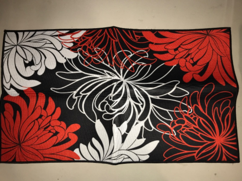 Photo 3 of Black Red Floral Antifatigue Kitchen Bath Door Mat Cushioned Runner Rug, Washable Welcome Floor Sink Mat, Abstract Black Background Waterproof & Non-Slip Comfort Standing Doormat for Kitchen, 18"x47"