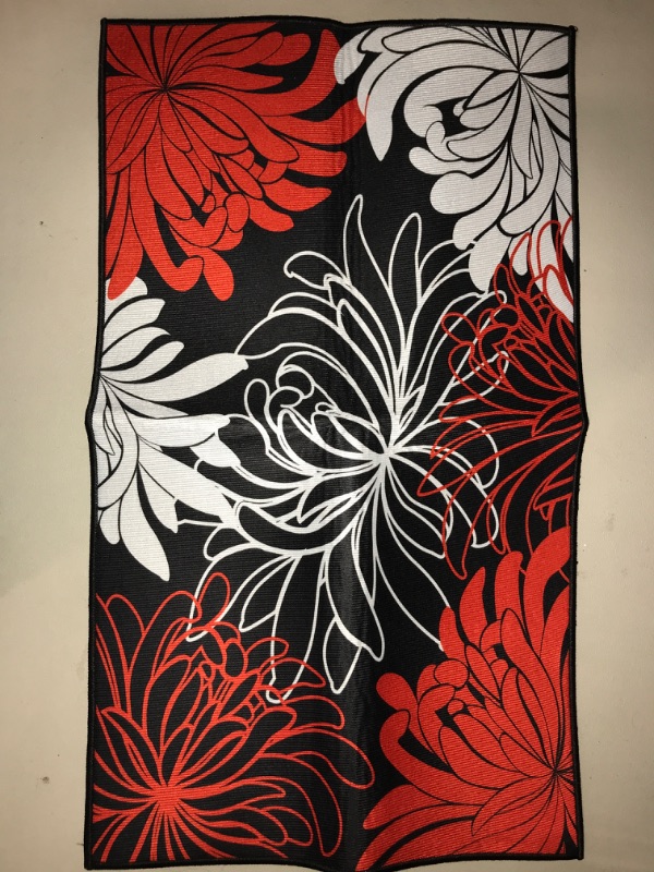 Photo 2 of Black Red Floral Antifatigue Kitchen Bath Door Mat Cushioned Runner Rug, Washable Welcome Floor Sink Mat, Abstract Black Background Waterproof & Non-Slip Comfort Standing Doormat for Kitchen, 18"x47"