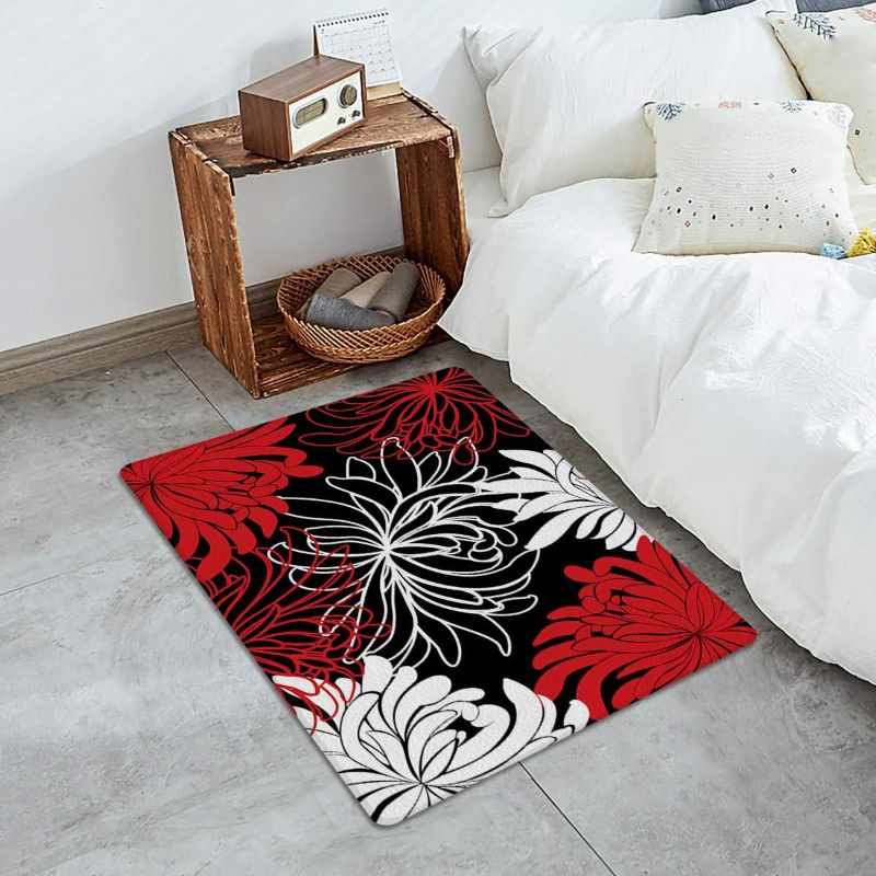 Photo 1 of Black Red Floral Antifatigue Kitchen Bath Door Mat Cushioned Runner Rug, Washable Welcome Floor Sink Mat, Abstract Black Background Waterproof & Non-Slip Comfort Standing Doormat for Kitchen, 18"x47"