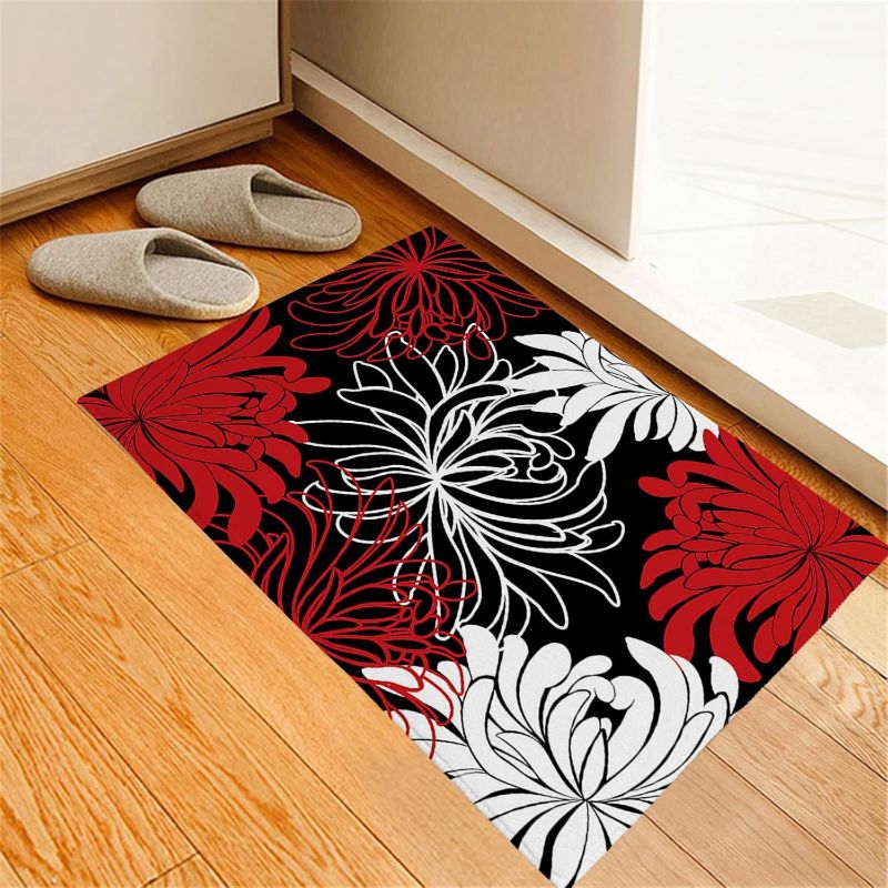 Photo 1 of Black Red Floral Antifatigue Kitchen Bath Door Mat Cushioned Runner Rug, Washable Welcome Floor Sink Mat, Abstract Black Background Waterproof & Non-Slip Comfort Standing Doormat for Kitchen, 18"x47"