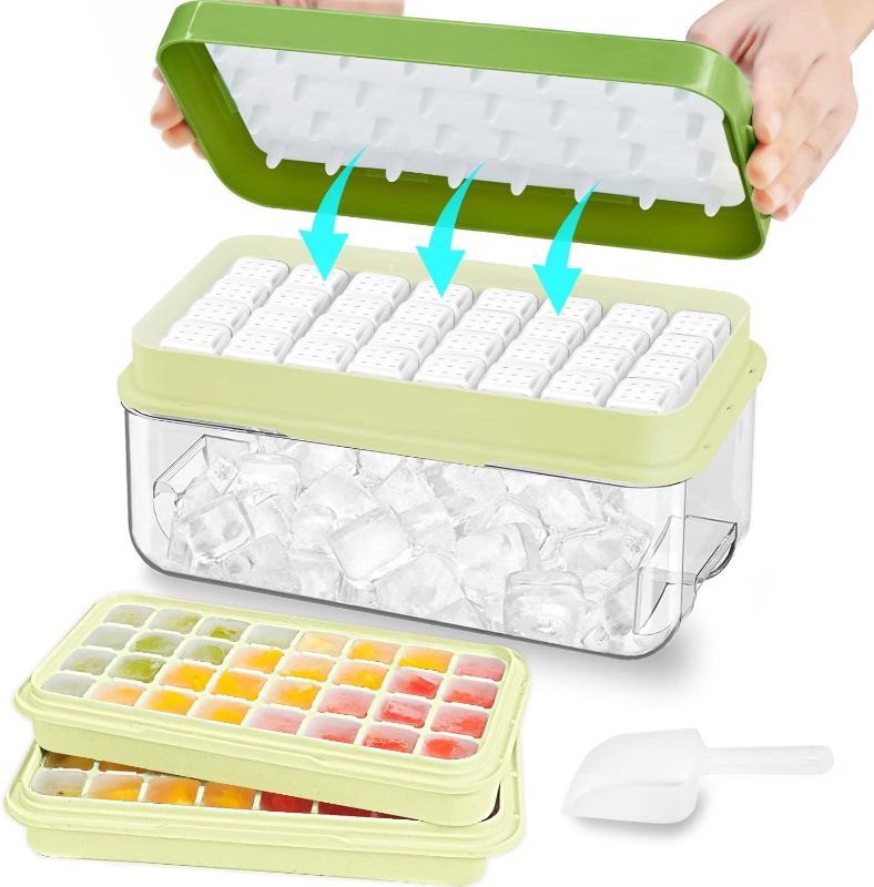 Photo 1 of Ice Cube Tray, Ice Tray with Lid and Bin and Ice Scoop, Ice Cube Pop Out Tray, Ice Cube Trays for Freezer, Ice Cube Molds, BPA Free, Easy Release Stackble Spill-Resistant (Green 3 Tier)