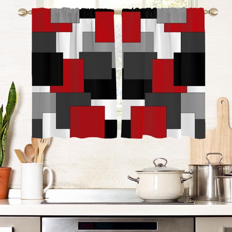 Photo 2 of AAtter Red and Black Window Curtains for Kitchen White Grey Gray Abstract Geometric Square Small Short Home Living Room Bedroom Bathroom Drapes Treatment Tiers Fabric 1 Pair, 27.5" W x 39" L, Modern