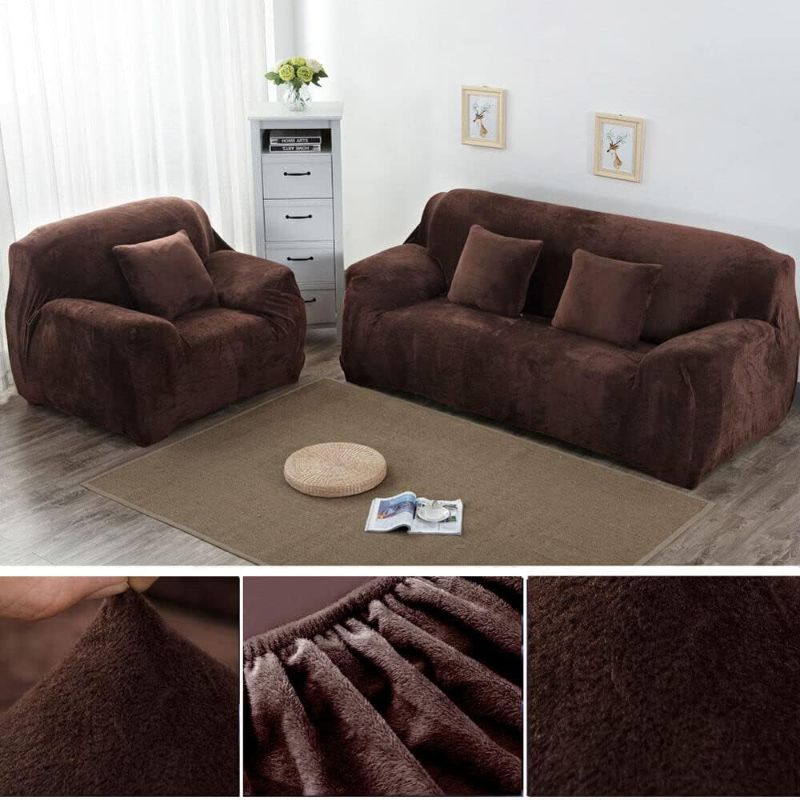 Photo 1 of cjc Velvet Couch Covers, Elastic Plush Thick Sofa Cover 1 2 3 4 Seat Sofa Slipcovers Sofa Covers for Cushion Couch (Brown, Loveseat (2-Seat))