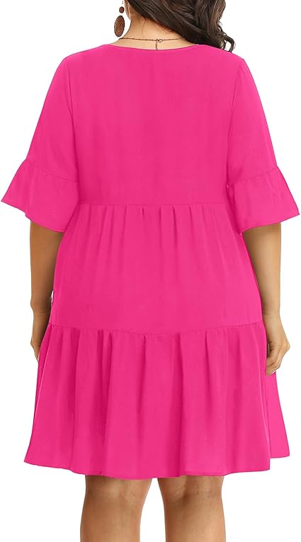 Photo 2 of 14 W (1X) Pinup Fashion Plus Size Long Sleeve Fall Dress - Casual Babydoll Tunic Shift Tiered Flowy Dresses