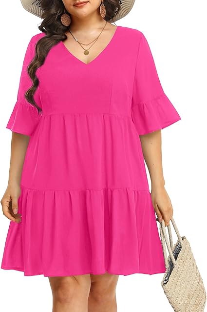 Photo 1 of 14 W (1X) Pinup Fashion Plus Size Long Sleeve Fall Dress - Casual Babydoll Tunic Shift Tiered Flowy Dresses