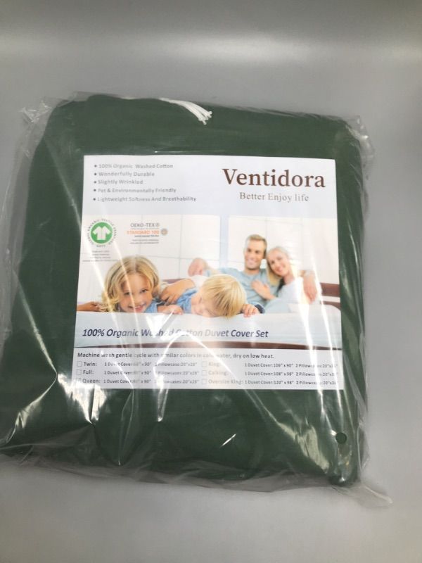 Photo 3 of Ventidora Green 3 Piece Duvet Cover Set Queen Size,100% Organic Washed Cotton Linen Feel Like Textured, Luxury Soft and Breatheable Bedding Set with Zipper Closure(1 Comforter Cover + 2 Pillowcases)