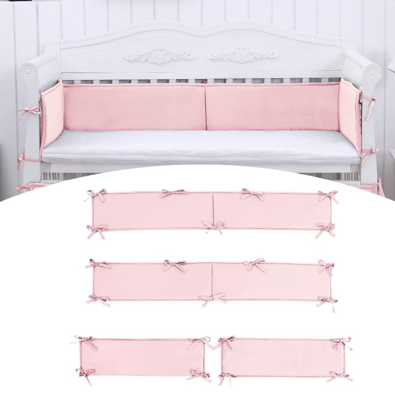 Photo 1 of Baby Padded Crib Liner for Inside Crib, 4 Panels Mesh Liner Breathable Cushioned Crib Pads for Boys Girls Bedding Set (SU-Pink)