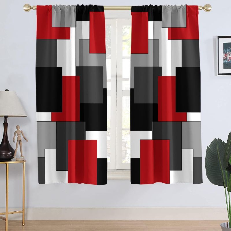 Photo 1 of AAtter Red and Black Window Curtain Grey Gray White Multicolor Geometric Silver Dark Abstract Square Art Living Room Bedroom Window Sheer Curtain
 1 Pair Home Decor, 42" W x 63" L, Modern