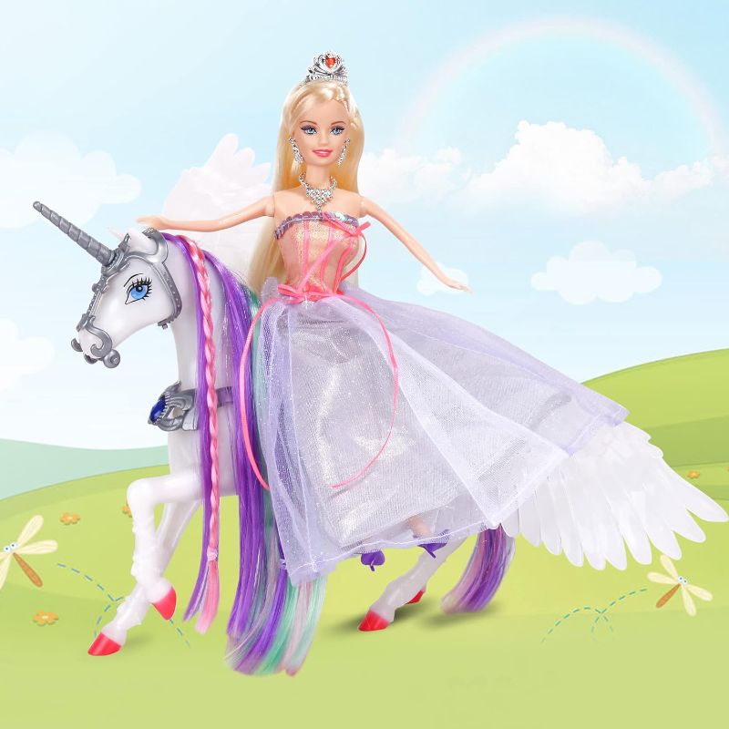 Photo 1 of MEGAFUN Color Change Unicorn Toys & Princess Doll with Rainbow Braided Hair, Removable Saddle&Wings, Princess Toy Unicorn Gifts for Girls