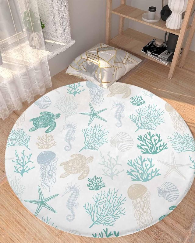 Photo 2 of Coastal Aqua Teal Coral Fluffy Round Area Rug Carpets 5ft, Plush Shaggy Carpet Soft Circular Rugs, Non-Slip Fuzzy Accent Floor Mat for Living Room Bedroom Nursery Sea Turtle Starfish Shell Seahorse