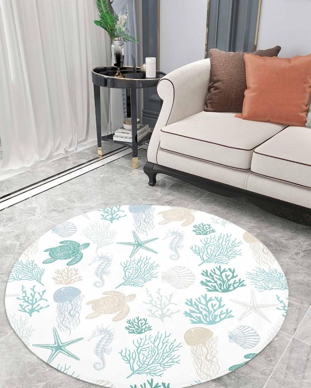 Photo 1 of Coastal Aqua Teal Coral Fluffy Round Area Rug Carpets 5ft, Plush Shaggy Carpet Soft Circular Rugs, Non-Slip Fuzzy Accent Floor Mat for Living Room Bedroom Nursery Sea Turtle Starfish Shell Seahorse