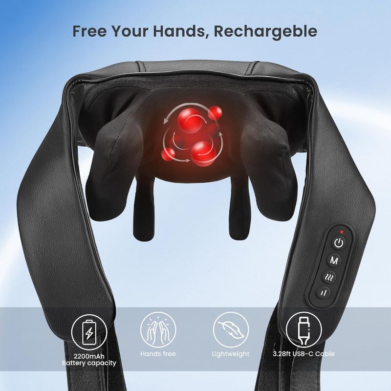 Photo 2 of Cordless Shiatsu Neck Massager with Soothing Heat, USB C Rechargeable Deep Tissue 6D Kneading Electric Massage for Body Muscle Pain Relief, Lightweight and Hand-Free, Gifts for Men Women