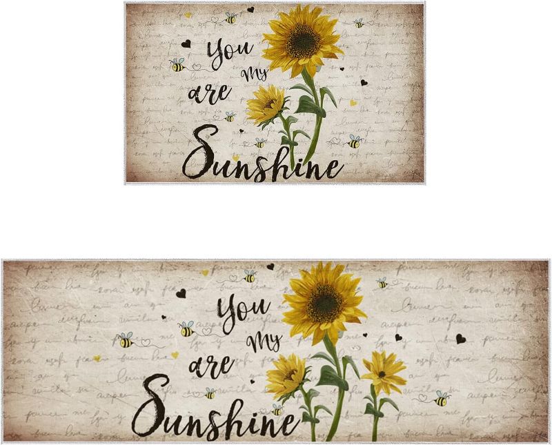 Photo 2 of Fresh Sunflower Kitchen Rugs and Mats Set of 2 Farm Flower with Cute Bees Vintage Letter Style Indoor Floor Mats Non-Slip Cushioned Runner Rug Carpet Comfort Standing Mat for Laundry,Bathroom,Kitchen