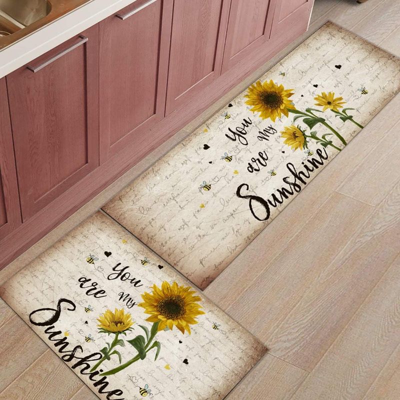 Photo 1 of Fresh Sunflower Kitchen Rugs and Mats Set of 2 Farm Flower with Cute Bees Vintage Letter Style Indoor Floor Mats Non-Slip Cushioned Runner Rug Carpet Comfort Standing Mat for Laundry,Bathroom,Kitchen