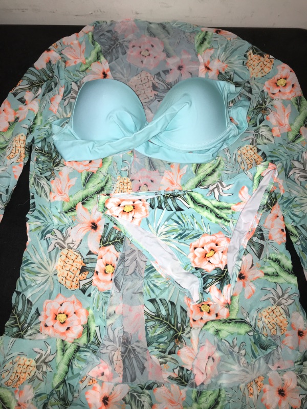 Photo 3 of small 3 Piece Women's Swimsuit, Sexy Floral Printed Push Up Bikini Set with Kimono Cover Ups, High Waist Beach Wear (as1, alpha, s, regular, petite, Light Green)