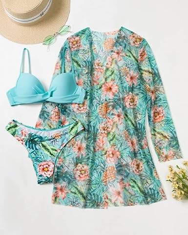 Photo 2 of small 3 Piece Women's Swimsuit, Sexy Floral Printed Push Up Bikini Set with Kimono Cover Ups, High Waist Beach Wear (as1, alpha, s, regular, petite, Light Green)