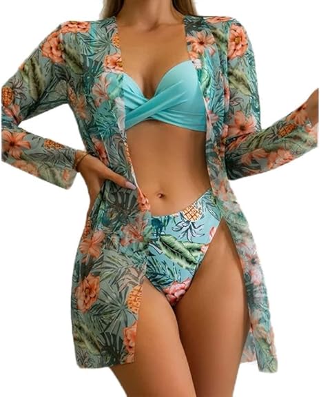 Photo 1 of small 3 Piece Women's Swimsuit, Sexy Floral Printed Push Up Bikini Set with Kimono Cover Ups, High Waist Beach Wear (as1, alpha, s, regular, petite, Light Green)