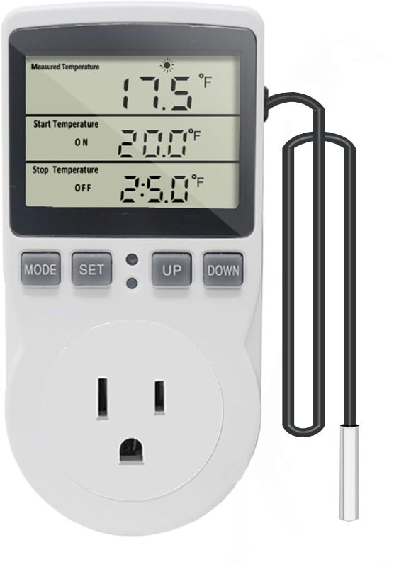 Photo 1 of Digital Thermostat Outlet Plug Temperature Controller Outlet Socket 120V Heating Cooling Control 110V 15A Celsius Fahrenheit Display White