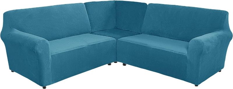 Photo 1 of OKYUK Corner Sectional Couch Covers 3 Pieces, 5 Seater Velvet L Shape Sofa Cover Soft Stretch Sectional Slipcovers for Living Room Furniture Protector (Peacock Blue)