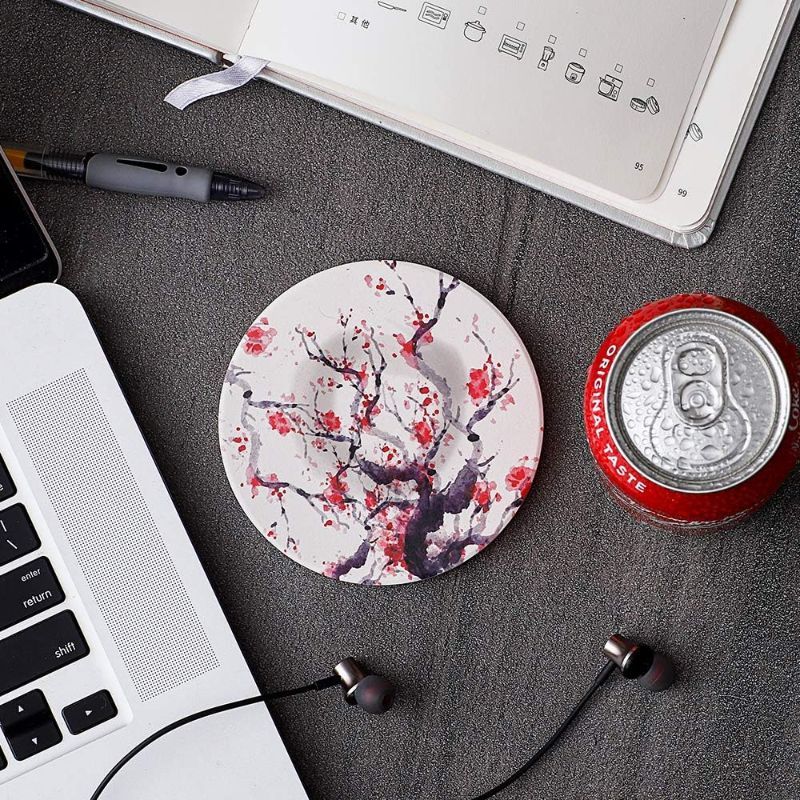 Photo 2 of LIFVER Coasters for Drinks Absorbent, Ceramic Drink Coasters Set of 6, Absorbent Coasters with Cork Bottom for Tabletop Protection, Suitable for Kinds of Cups, 4 inches, Cherry Blossom Style