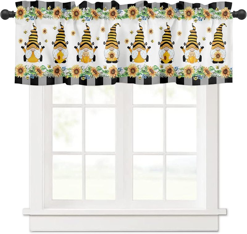 Photo 1 of Farm Bee Gnome Window Valance,Sunflower Valances for Kitchen Windows,Black Plaid Floral Bumble Farm Bee Rod Pocket Valance Curtain,Short Curtains Window Treatment Bedroom 60x18in