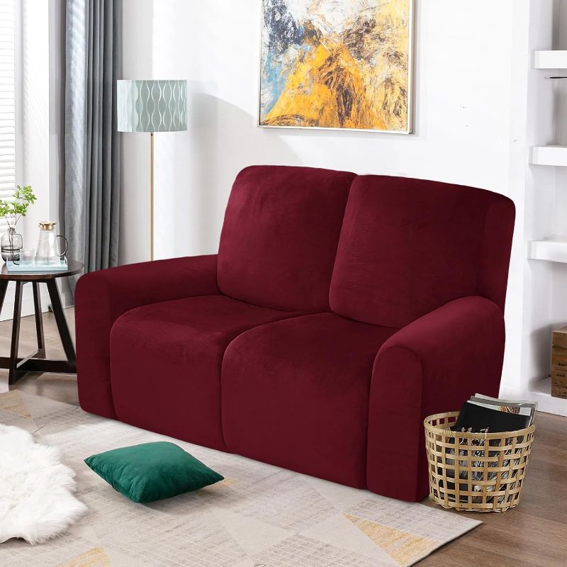 Photo 1 of 300GSM Luxury Velvet Recliner Couch Cover Reclining Loveseat Cover Plush Fuzzy Soft Stretch Recliner Sofa Covers 2 Seater Washable 6-Piece Non Slip Furniture Slipcover (2 Seat, Wine Red)