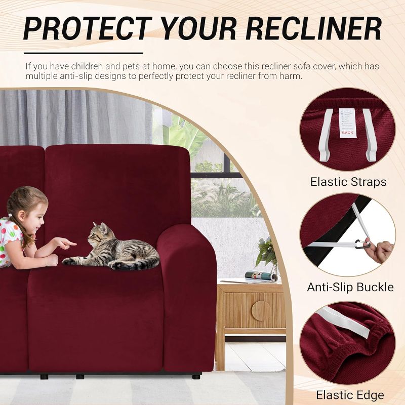 Photo 2 of 300GSM Luxury Velvet Recliner Couch Cover Reclining Loveseat Cover Plush Fuzzy Soft Stretch Recliner Sofa Covers 2 Seater Washable 6-Piece Non Slip Furniture Slipcover (2 Seat, Wine Red)