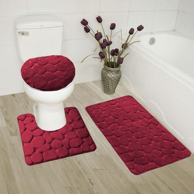 Photo 1 of 3 Pieces Memory Foam Greek Rock Stone Design Solid Colors Bathroom Rug Set Bath Mat Contour Mat and Lid Cover (Burgundy)