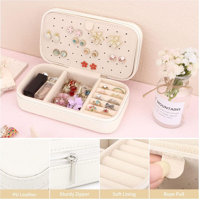 Photo 3 of DesignSter Travel Jewelry Box, PU Leather Portable Jewelry Case, Small Jewelry Boxes for Gifts, Travel Jewelry Organizer for Women Rings Earrings Necklaces Bracelets (Beige)