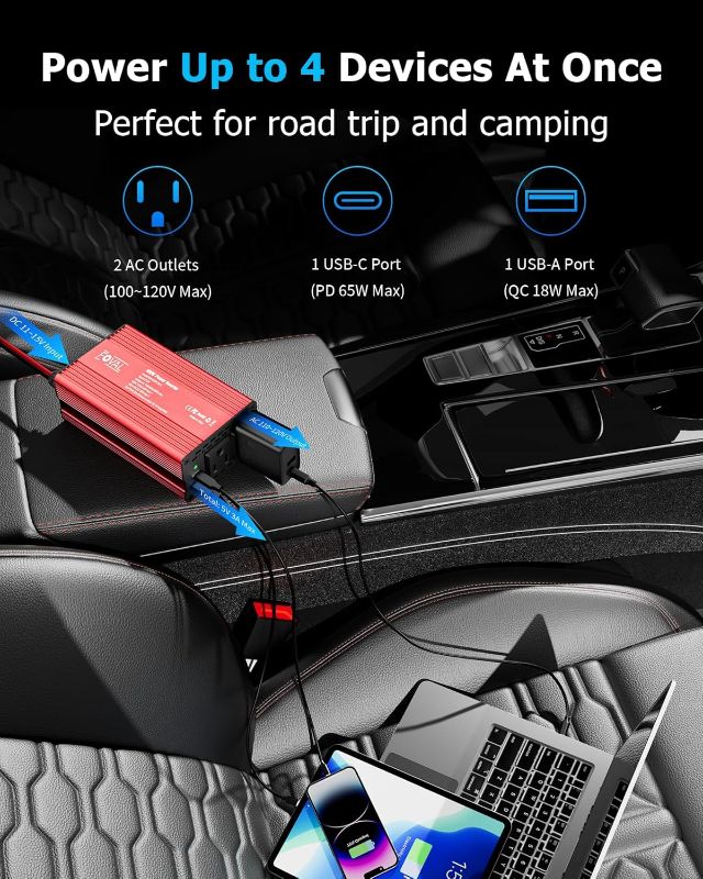 Photo 2 of FOVAL 400W Power Inverter 12V DC to 110V AC Car Plug Adapter Outlet Converter with [65W PD USB-C] & [18W QC USB-A] Fast Charging Ports and 2 AC Outlets Car Power Inverters for Vehicles