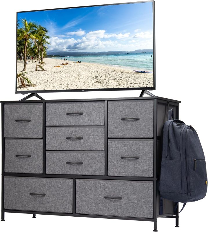 Photo 1 of LunarLight Wide Dresser with 9 Large Drawers, Modern TV Stand for 55", Entertainment Center, Wood Shelf Storage for Bedroom, Living Room, Closet, Entryway, Sturdy Metal Frame (Grey)