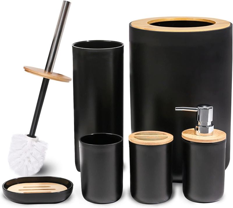 Photo 1 of CERBIOR Bamboo Bathroom Accessory Set Includes Soap Dispenser, Toothbrush Holder, Toothbrush Cup, Soap Dish for Decorative Countertop and Housewarming Gift, Maple Black