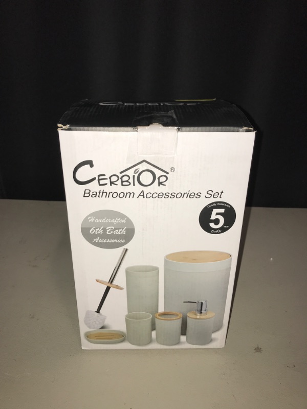 Photo 3 of CERBIOR Bamboo Bathroom Accessory Set Includes Soap Dispenser, Toothbrush Holder, Toothbrush Cup, Soap Dish for Decorative Countertop and Housewarming Gift, Maple Black