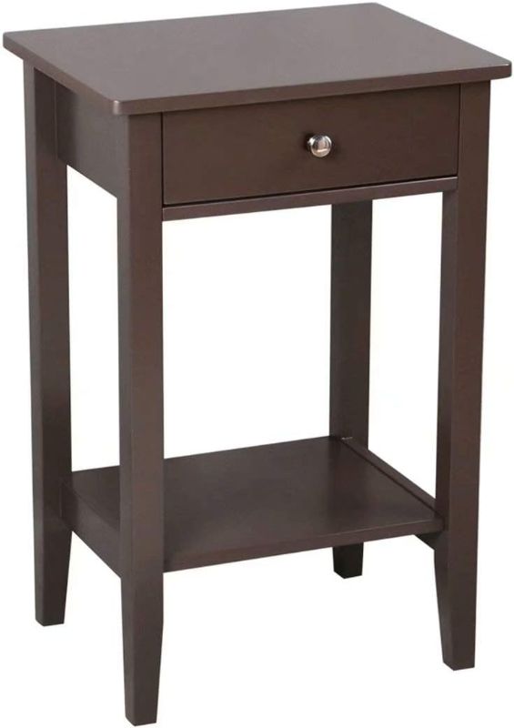 Photo 1 of SSLine Tall Wood Nightstand 2-Tier Chairside End Table with Drawer and Shelf Brown Finish Regalia Bedside Accent Table Living Room Bedroom Sofa Side Telephone Table - 27.5 Inch